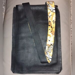 Handcrafted Black Leather Shoulder Tote Bag with Animal Print Lining